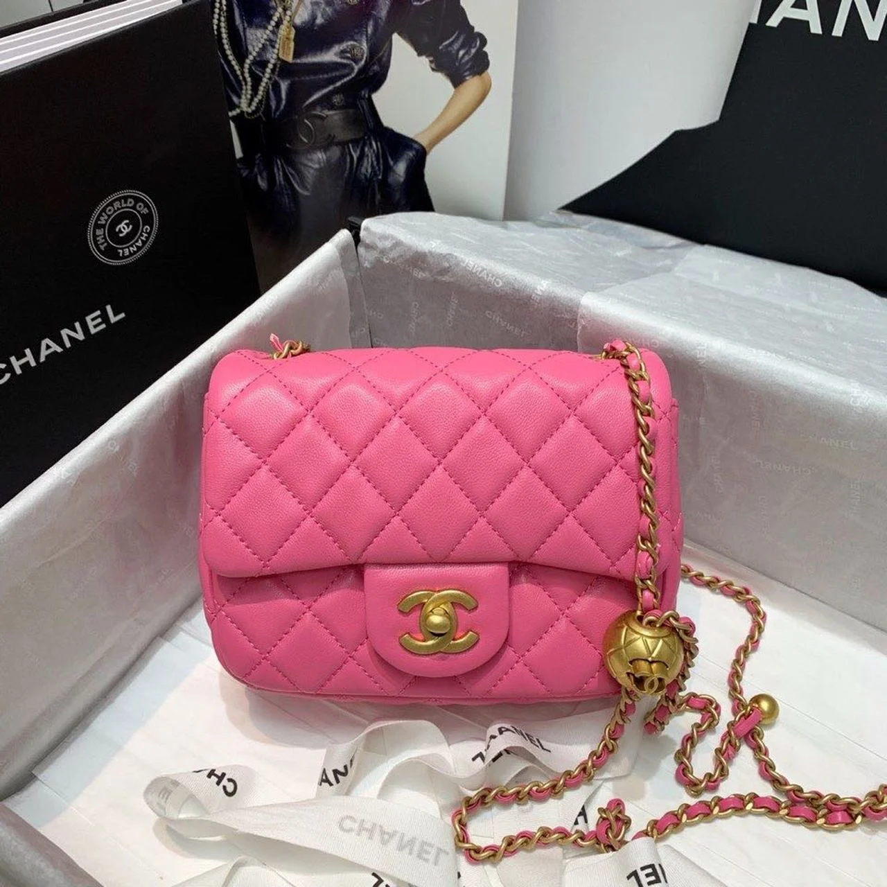 Chanel Mini Flap Bag With CC Ball On Strap Pink For Women, Women’s Handbags, Shoulder And Crossbody Bags 6.7in/17cm AS1786