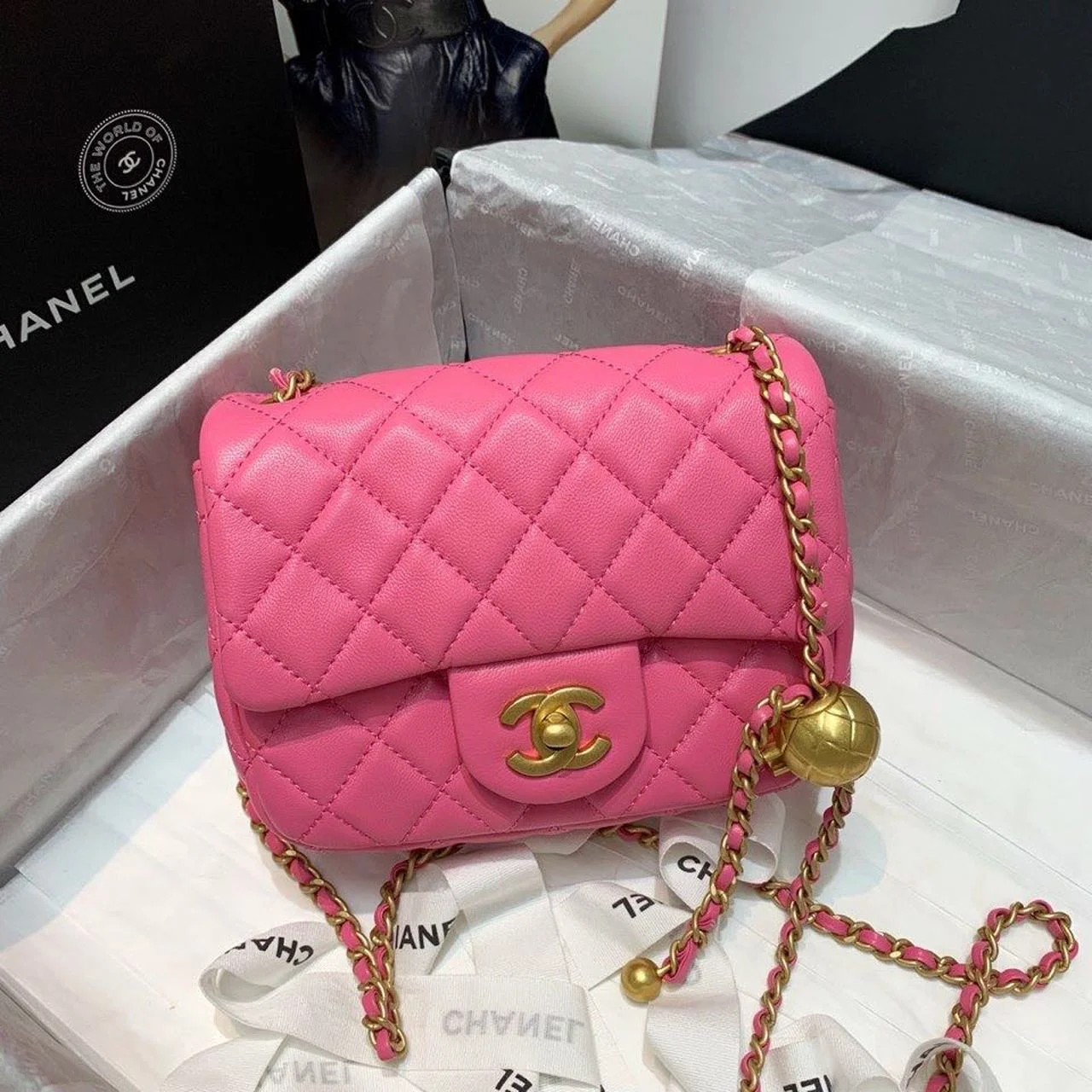 Chanel Mini Flap Bag With CC Ball On Strap Pink For Women, Women’s Handbags, Shoulder And Crossbody Bags 6.7in/17cm AS1786