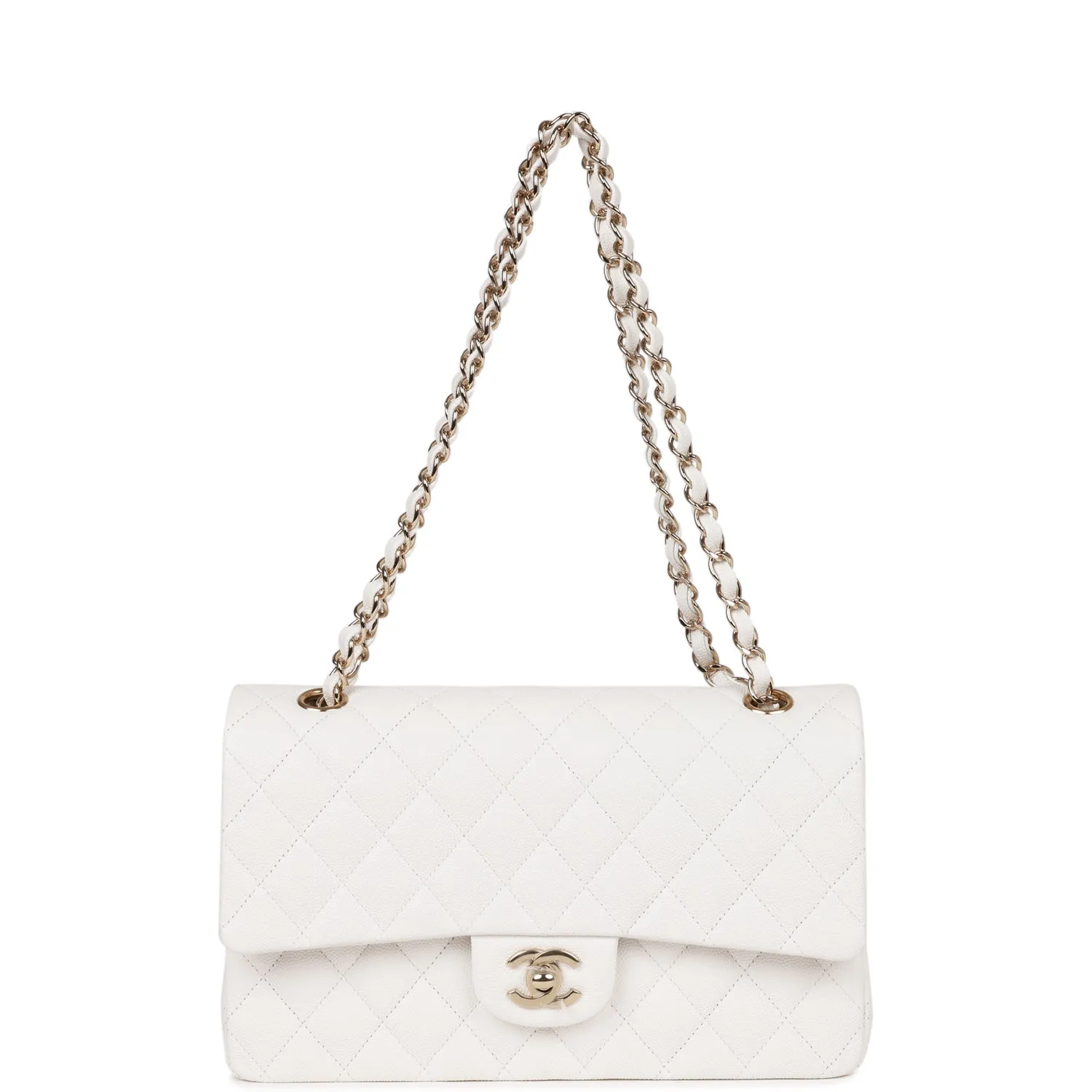 Medium Classic Double Flap Bag White Caviar Light Gold Hardware