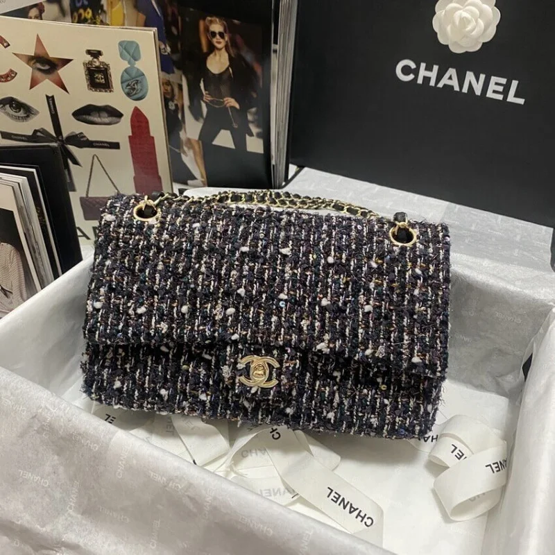 Chanel Class-Flap Bag In Navy Blue &Amp Multicolor Glittered Tweed 1112