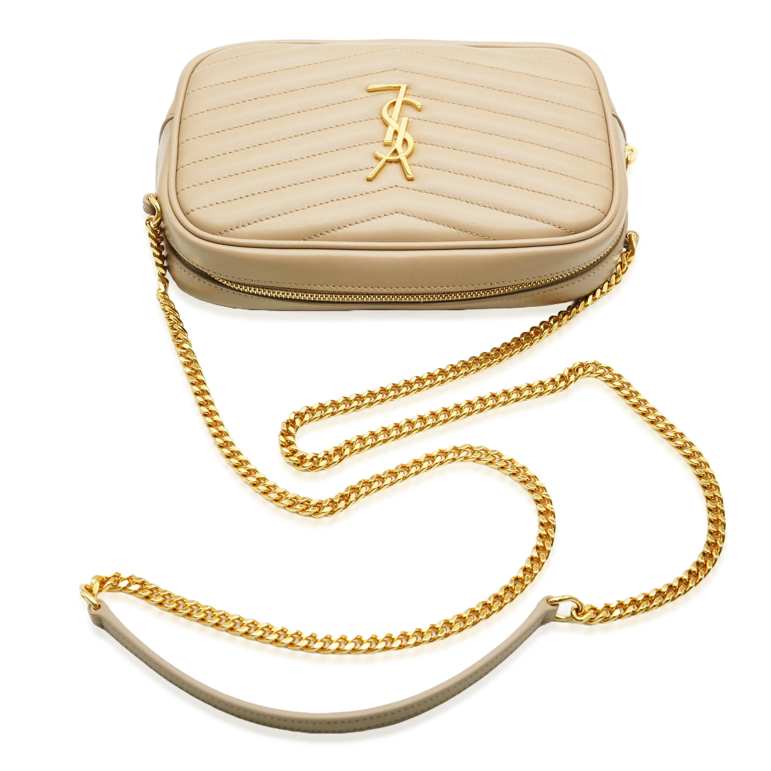 Saint Laurent Beige Chevron Calfskin Mini Lou Camera Bag
