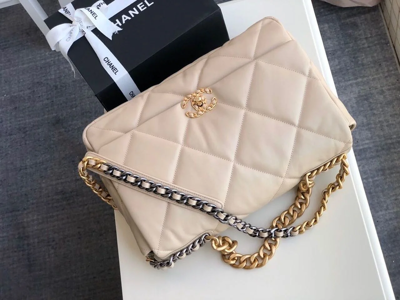 Chanel 19 Maxi HandBag Beige For Women 14in/36cm