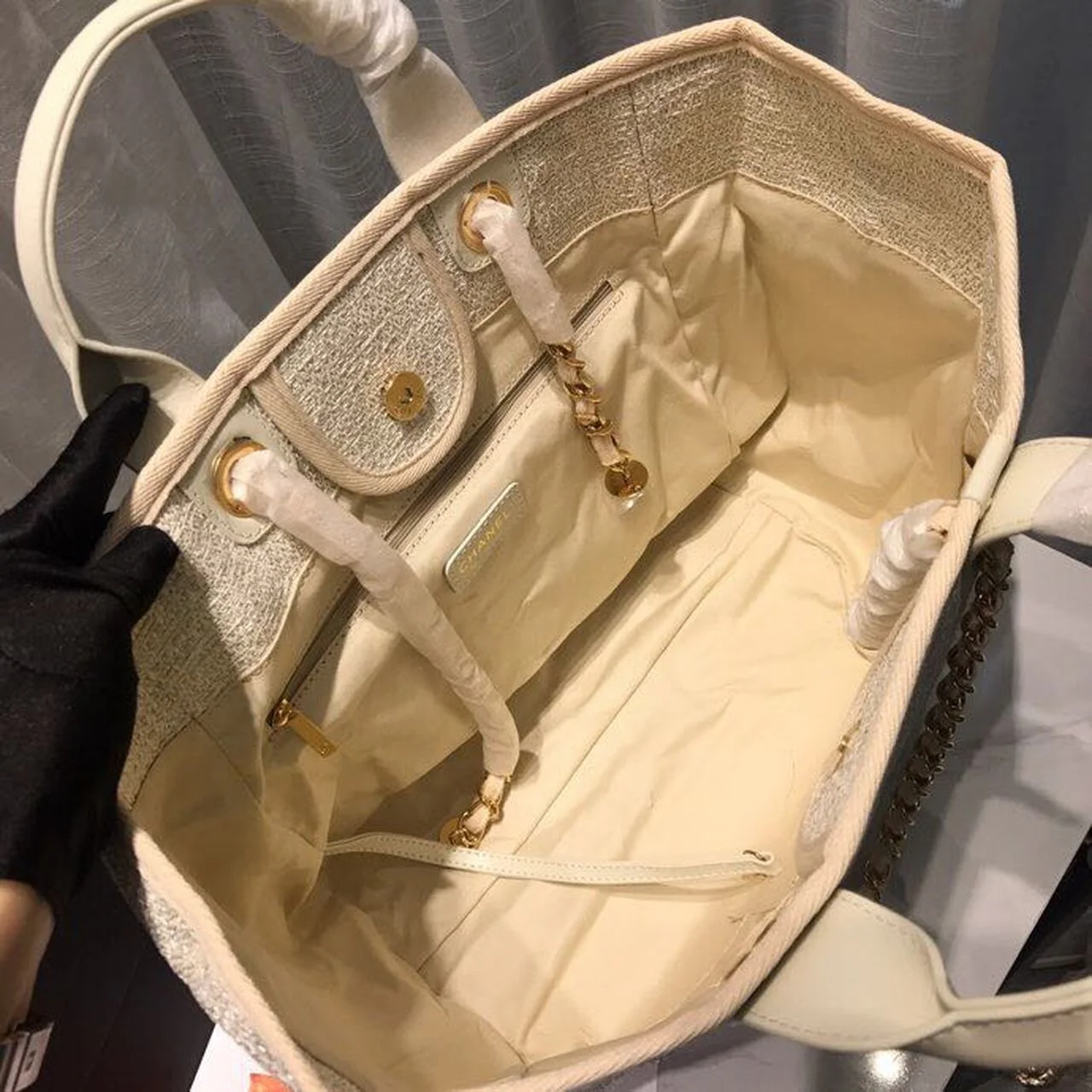 Chanel Deauville Tote Tweed Canvas Bag Fall/Winter Collection, Beige/Cream/Gold/Multi For Women 15in/38cm