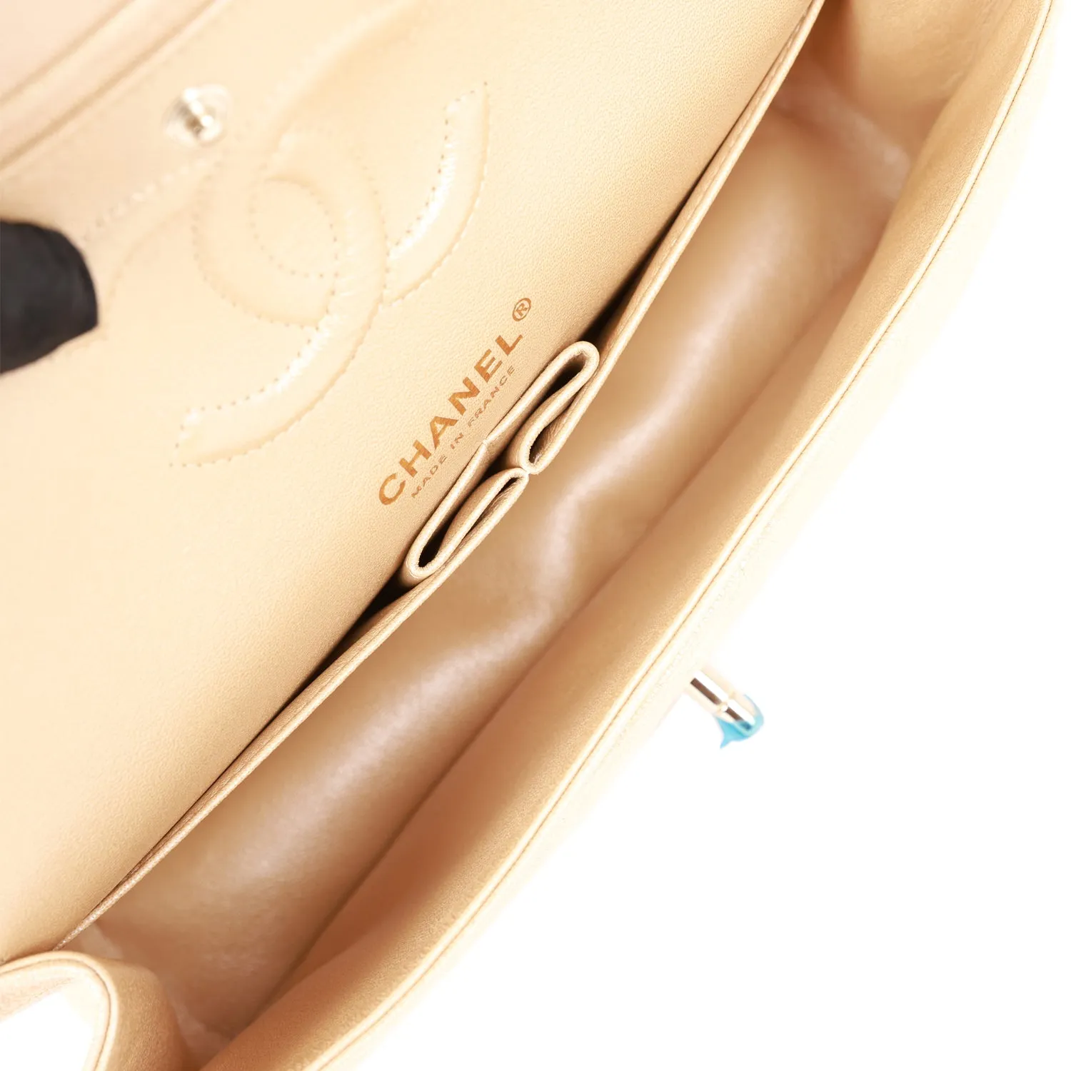 Medium Classic Double Flap Bag Beige Iridescent Caviar Light Gold Hardware