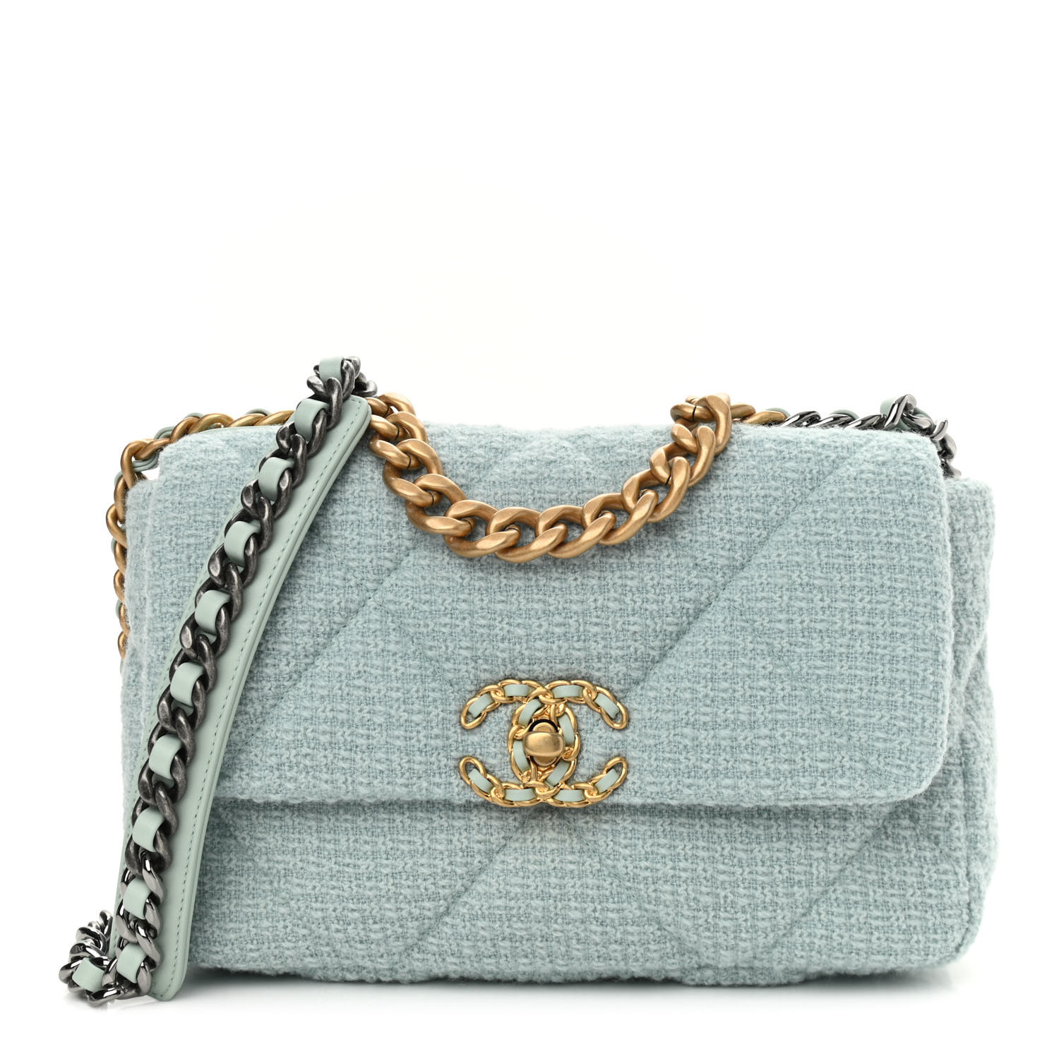 Tweed Mixed Fibers Quilted Medium Chanel 19 Flap Light Green