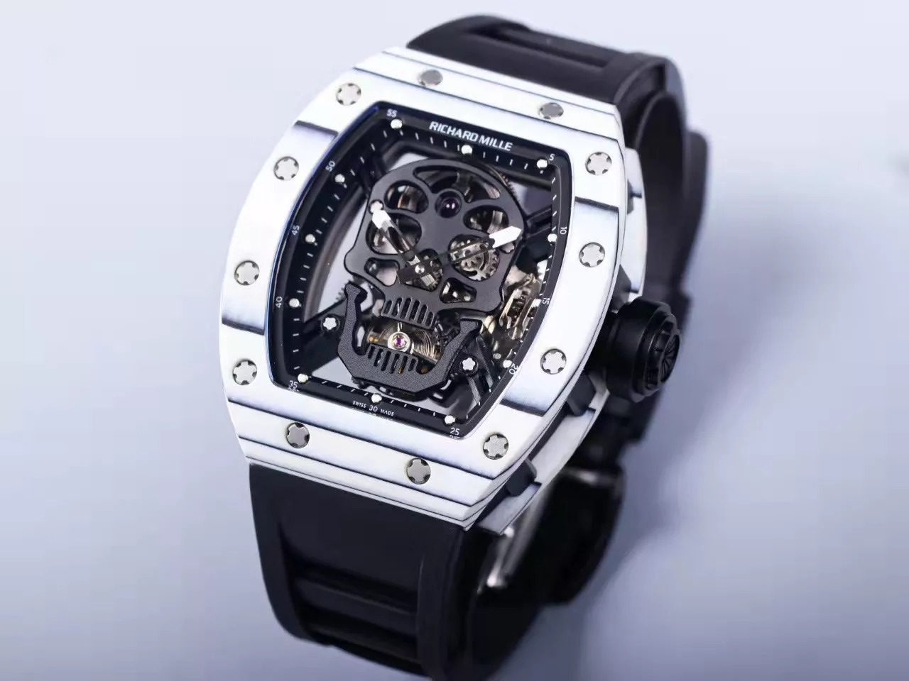 RM 52-01 Skull Black Dial White Bezel Black Rubber Strap JB Tourbillon