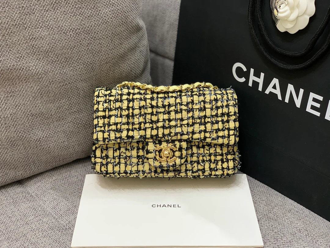 Chanel Mini Yellow Tweed Flap Bag For Women 20cm/7.5in