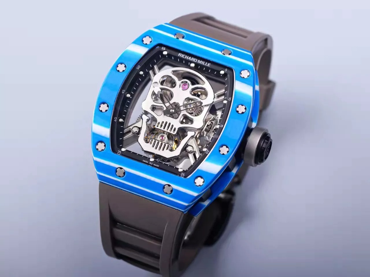 RM 52-01 Skull Black Dial Blue Bezel Black Rubber Strap JB Tourbillon