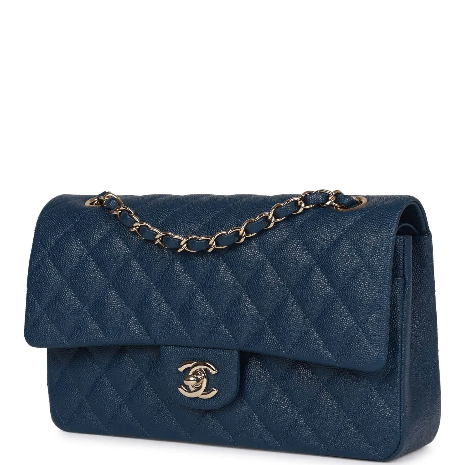 Medium Classic Double Flap Bag Blue Caviar Light Gold Hardware