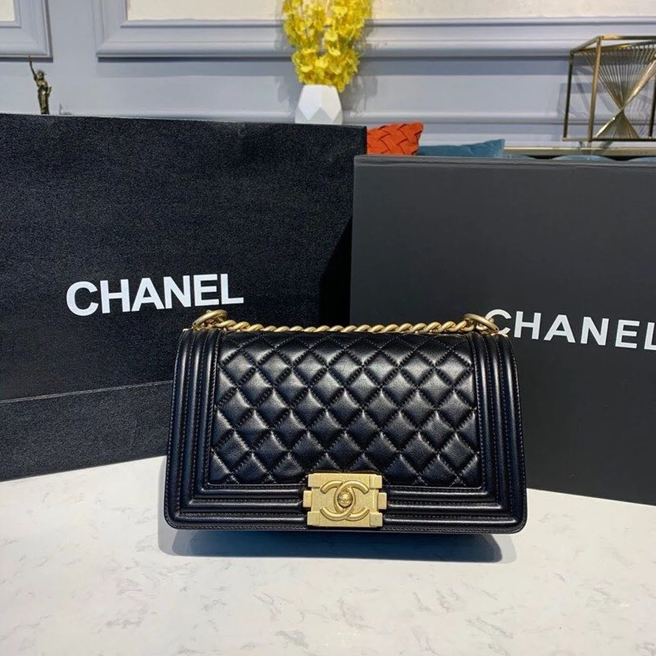 Chanel Boy Handbag Gold Toned Hardware Black For Women, Women’s Bags, Shoulder And Crossbody Bags 9.8in/25cm A67086