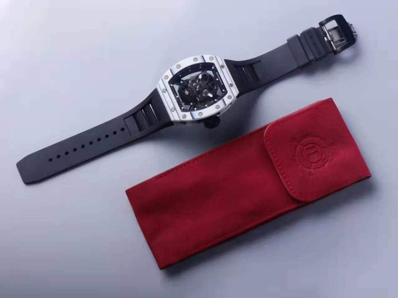 RM 52-01 Skull Black Dial White Bezel Black Rubber Strap JB Tourbillon