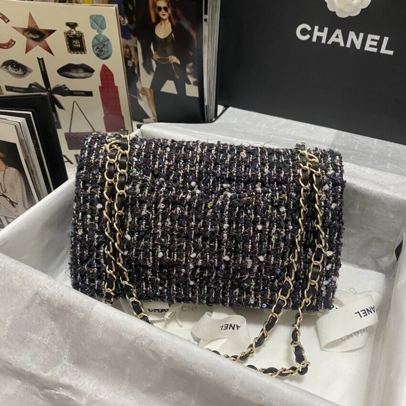 Chanel Class-Flap Bag In Navy Blue &Amp Multicolor Glittered Tweed 1112