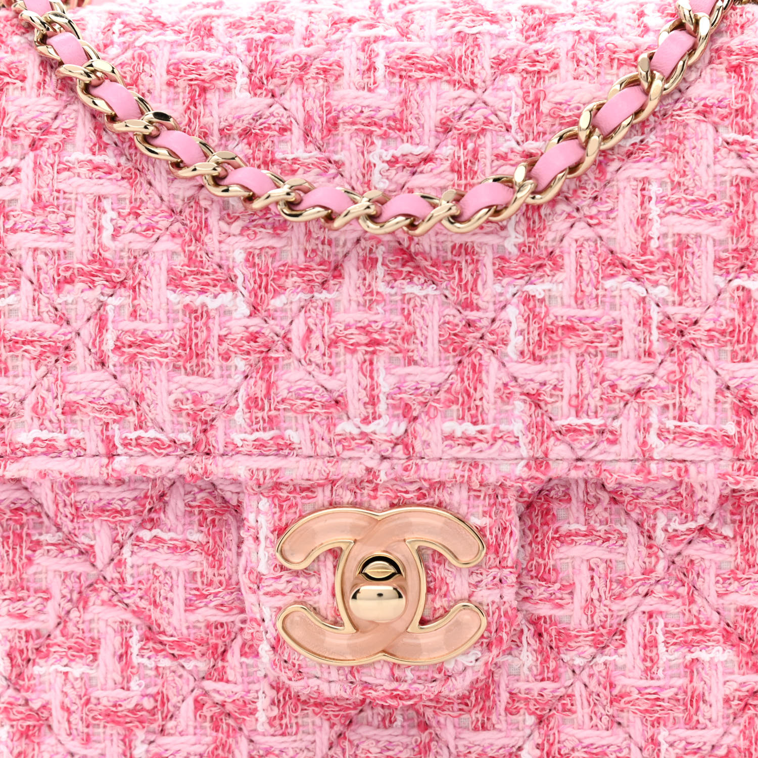 Tweed Resin Quilted Mini Heart Square Flap Pink White