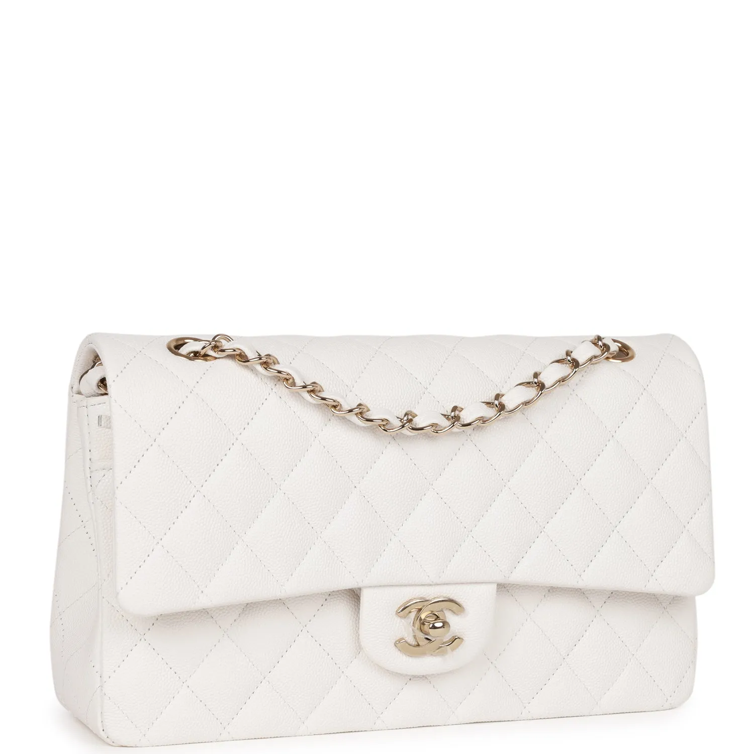 Medium Classic Double Flap Bag White Caviar Light Gold Hardware