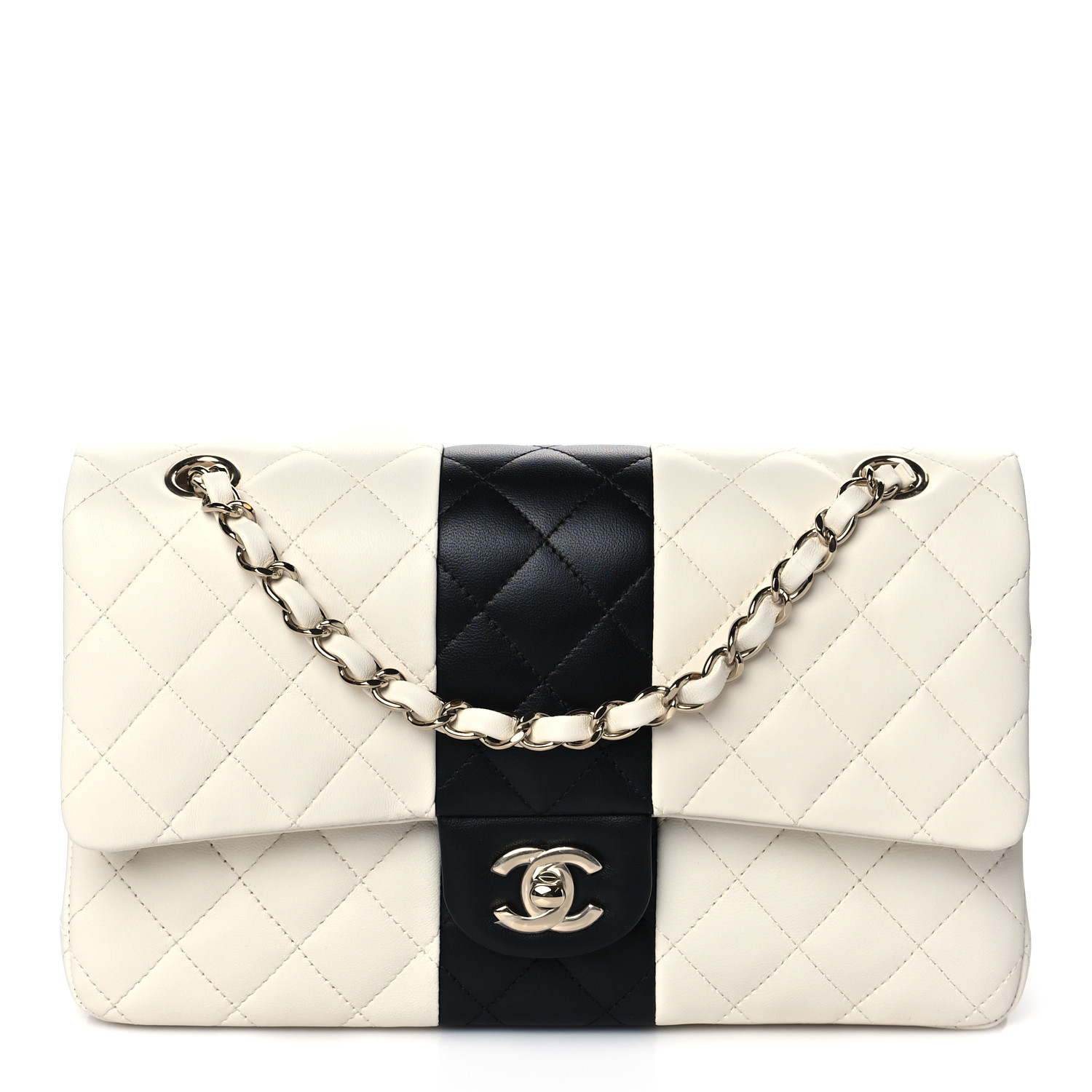 Lambskin Quilted Medium Double Flap Black White