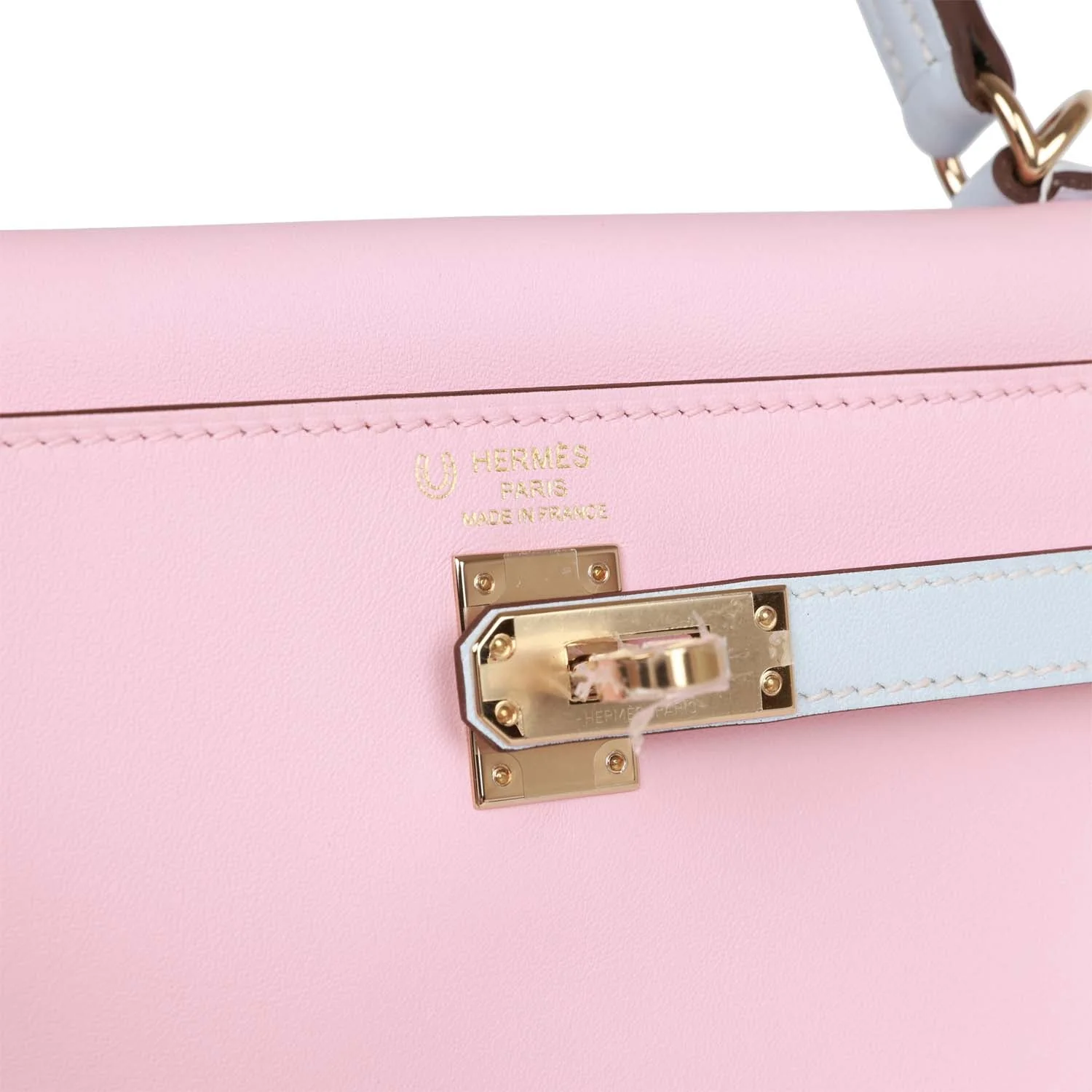 Hermes Special Order (HSS) Kelly Retourne 25 Rose Sakura and Bleu Brume Swift Permabrass Hardware