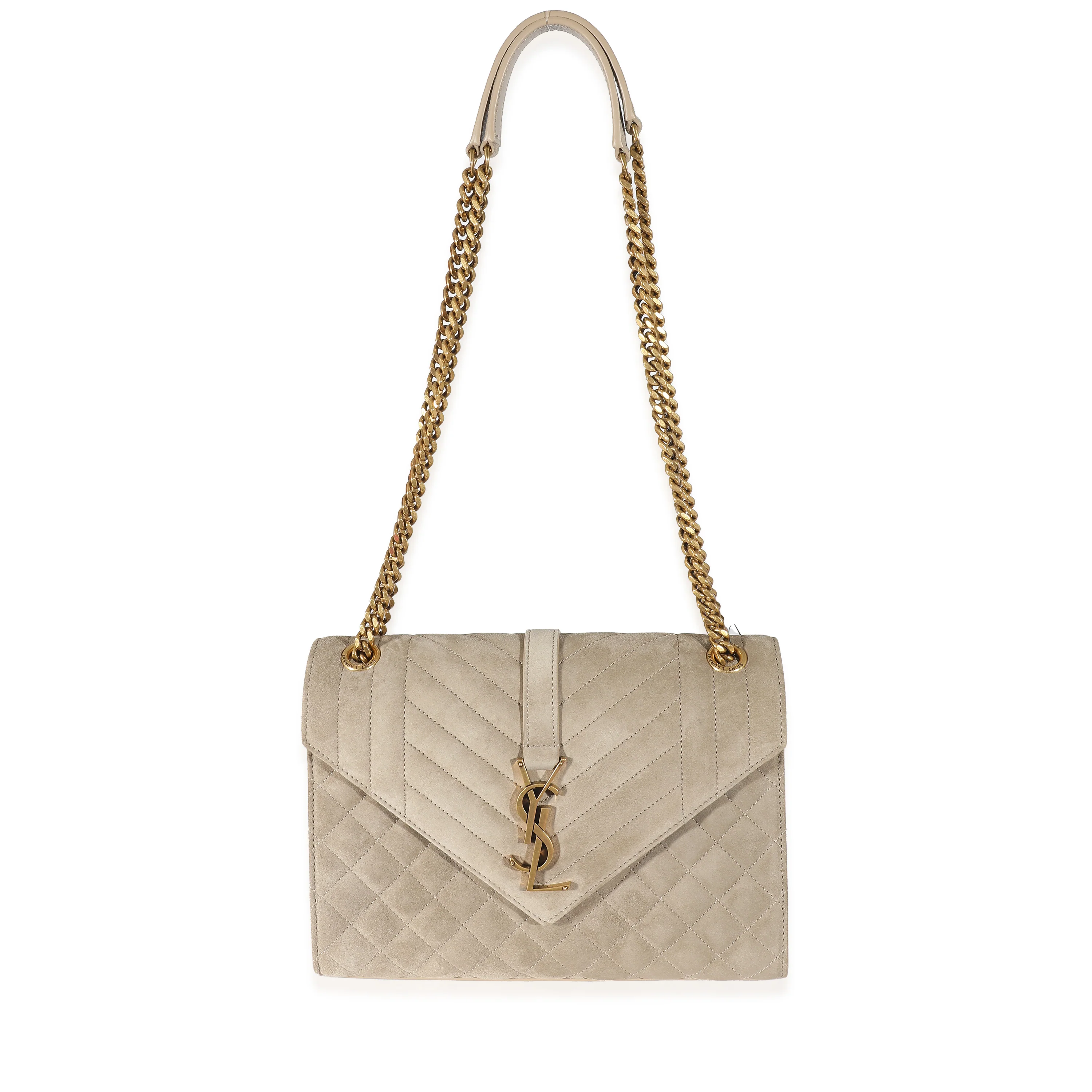 Saint Laurent Beige Suede Mixed Matelasse Triquilt Medium Monogram Envelope Satc