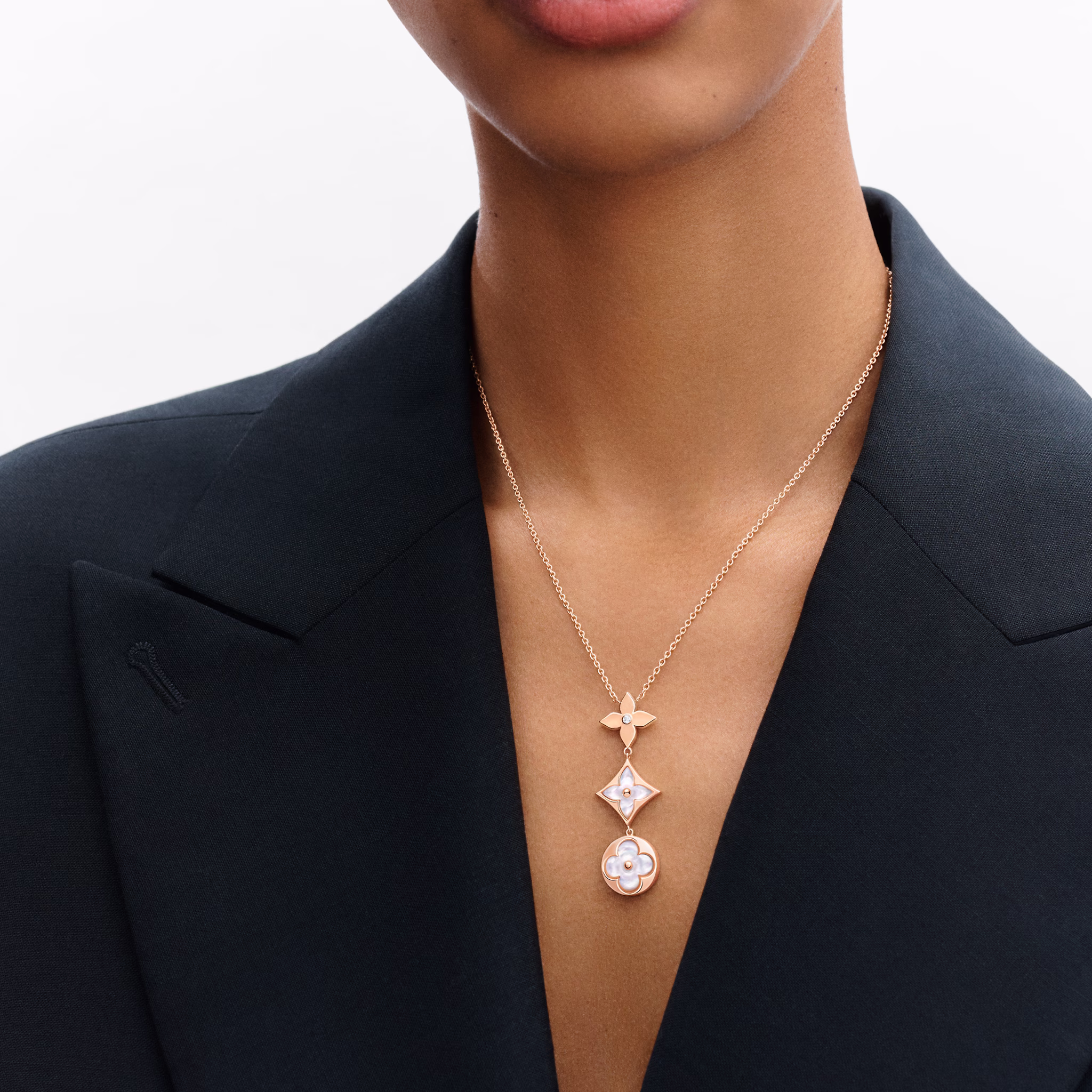 Color Blossom Lariat Rose Gold, White Mother-of-Pearl and Diamond Necklace