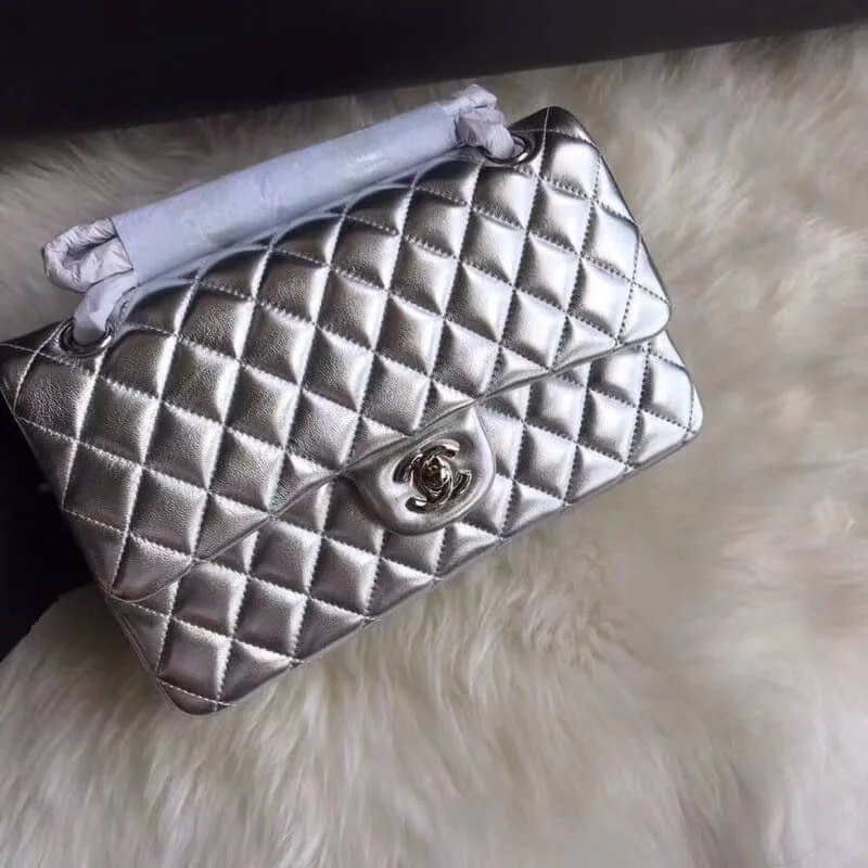 Chanel 1112 Silver Medium Size 2.55 Lambskin Leather Flap Bag