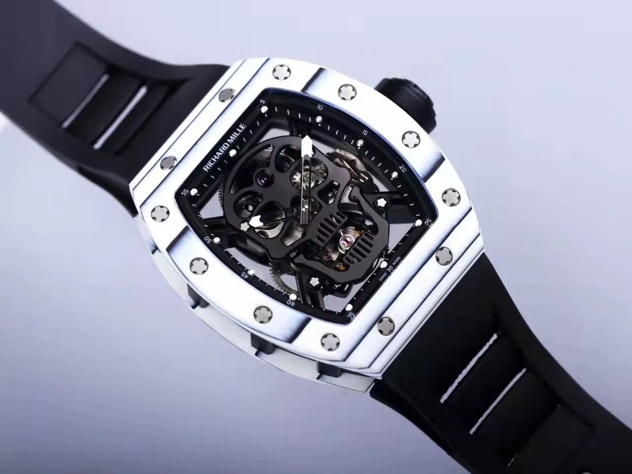 RM 52-01 Skull Black Dial White Bezel Black Rubber Strap JB Tourbillon