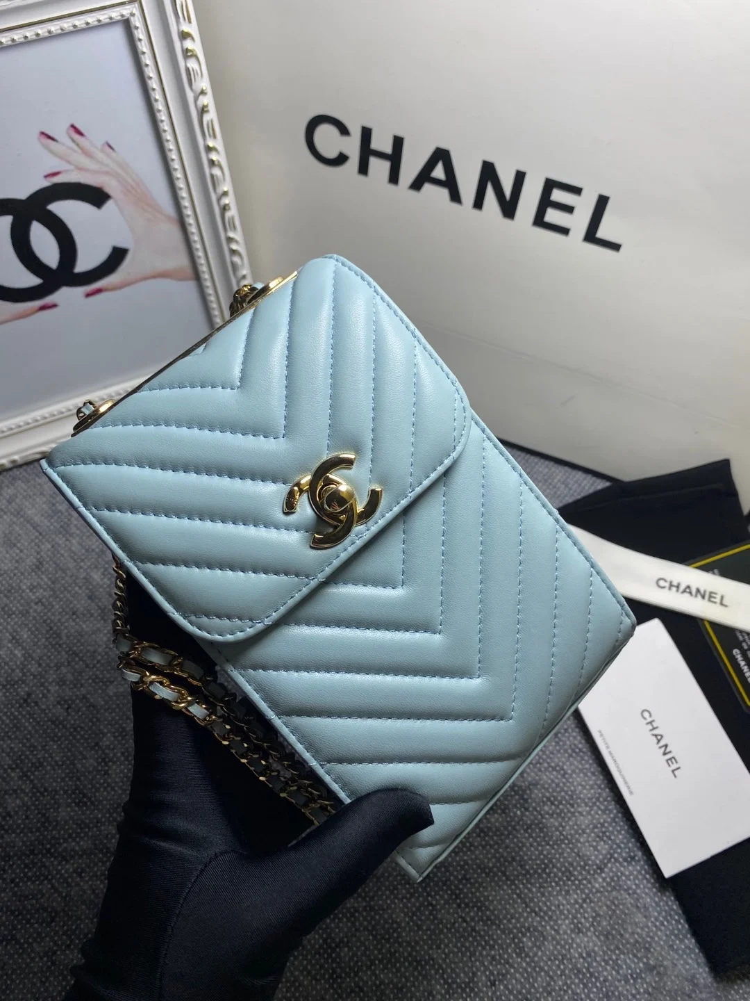 Chanel Chevron Trendy Cc Phone Light Blue Bag For Women 18cm/7in