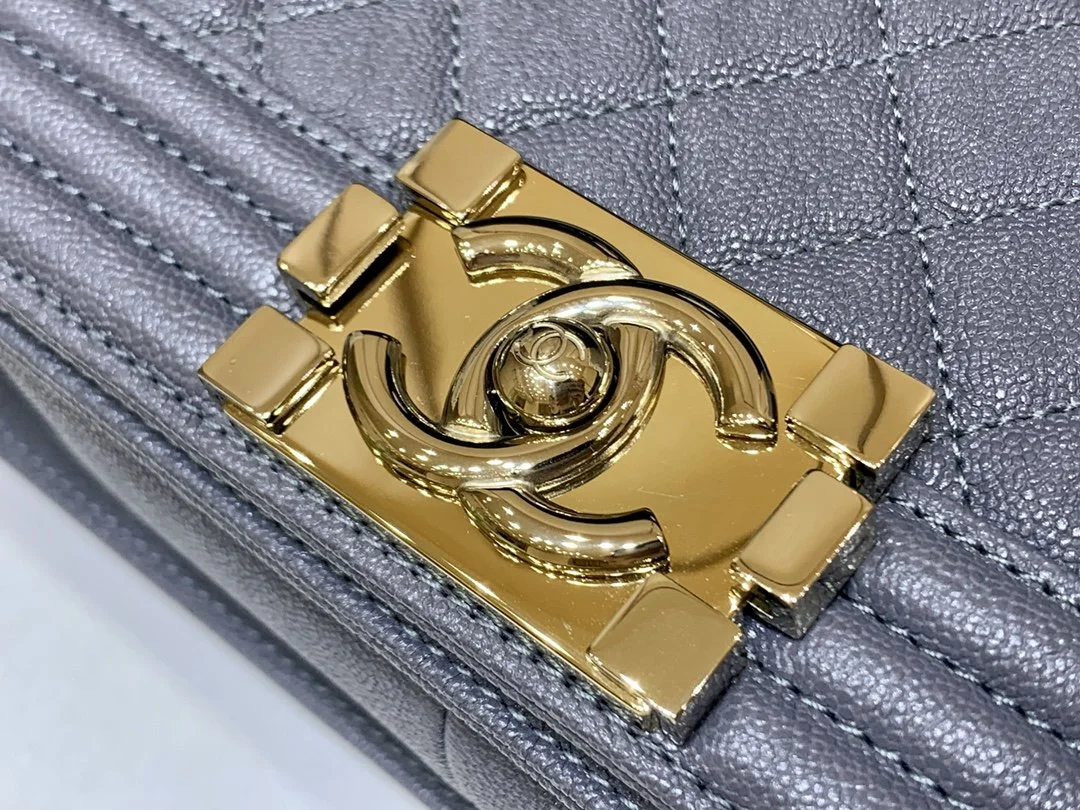 Chanel Boy Handbag Dark Grey Gold Toned Hardware For Women 9.8in/25cm