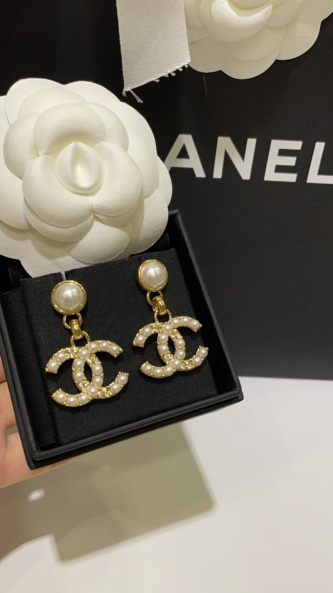 Chanel Pearl Paved Double C Earrings - Best Replica Jewelry™