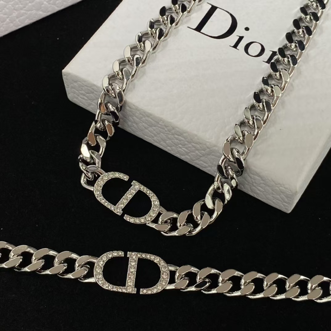 Dior Chunky Silver Cuban Chain CD Necklace Bracelet - Best Replica Jewelry™