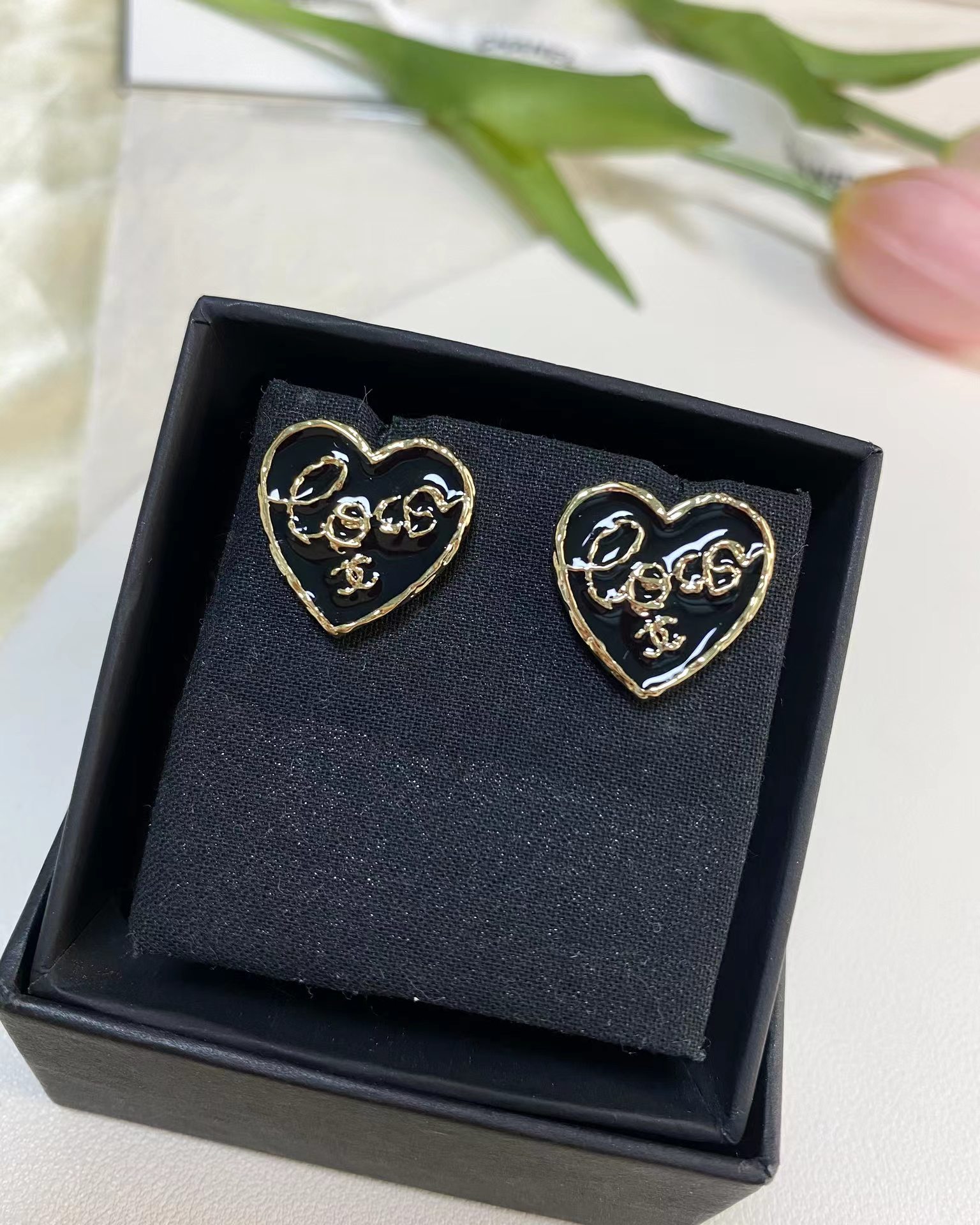 Chanel Black Love Heart Stud Earrings - Best Replica Jewelry™