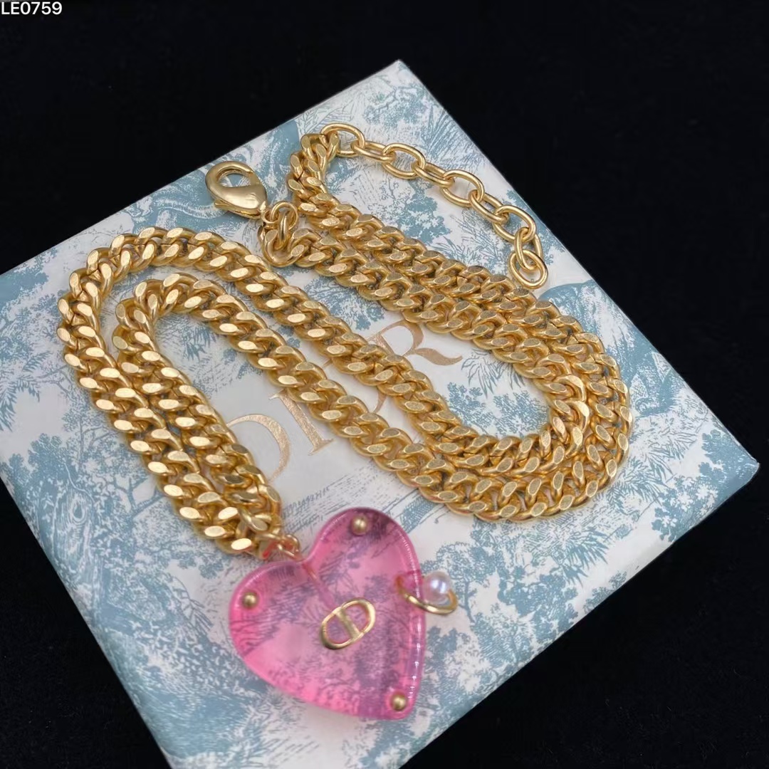 Dior Chunky Cuban Chain Big Pink Heart Pendant Necklace - Best Replica Jewelry™