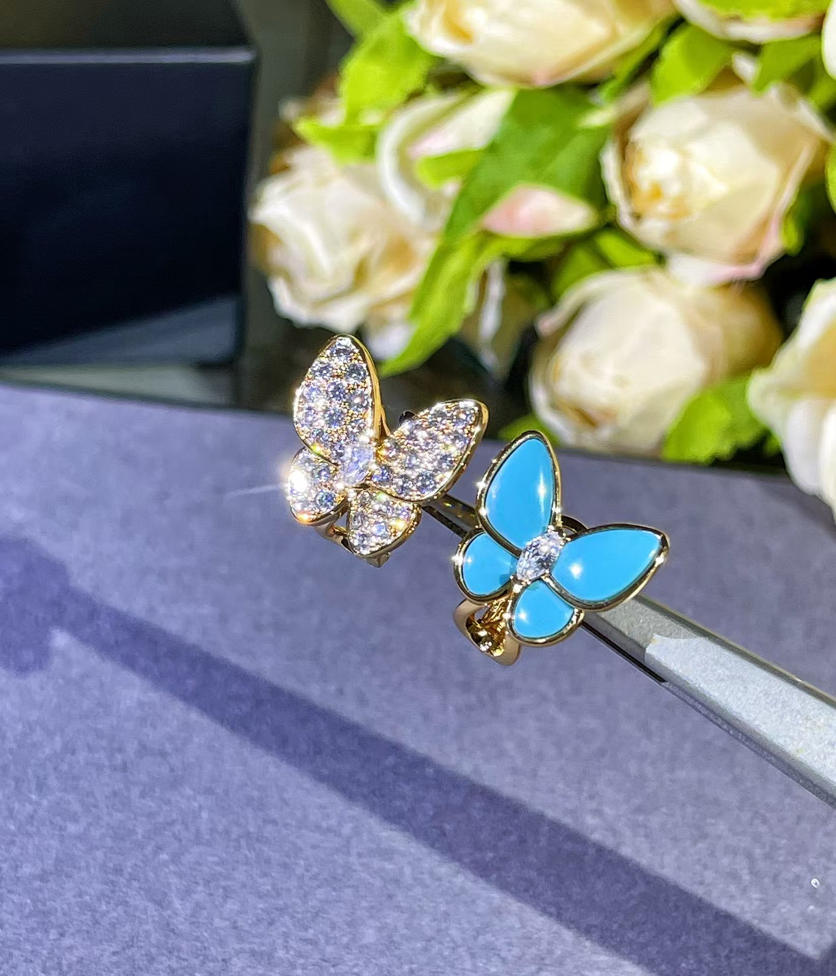 VCA Blue & Diamond Two Butterfly Earrings - Best Replica Jewelry™