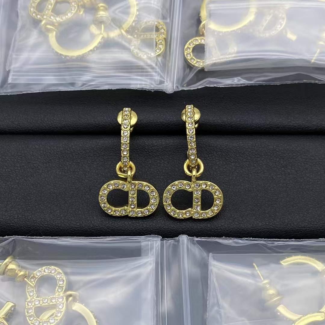Dior Diamond Paved Gold CD Drop Earring - Best Replica Jewelry™