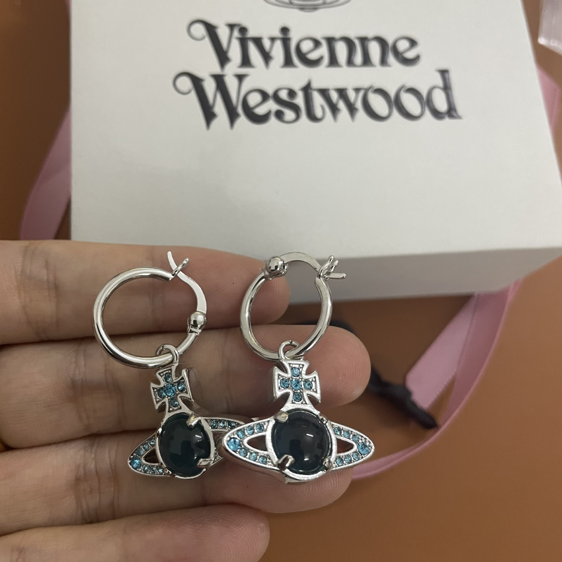 Vivienne Westwood Blue Green Lucky Bead Saturn Earrings - Best Replica Jewelry™