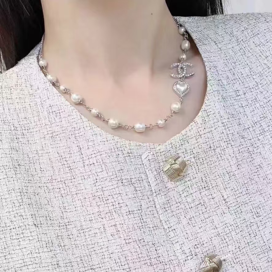 Chanel Half Silver Chain Half Pearl Necklace - Best Replica Jewelry™