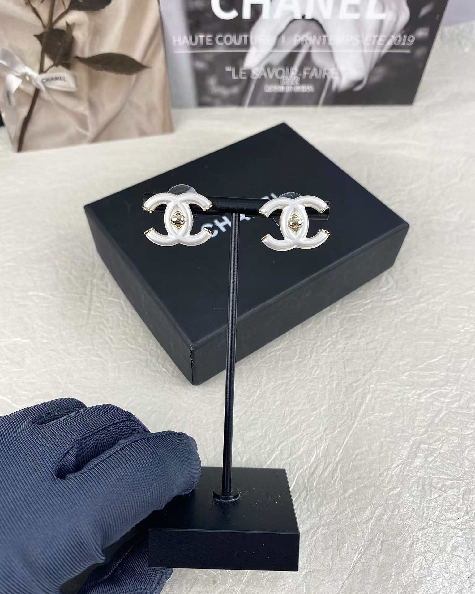 Chanel White Double C Stud Earrings - Best Replica Jewelry™