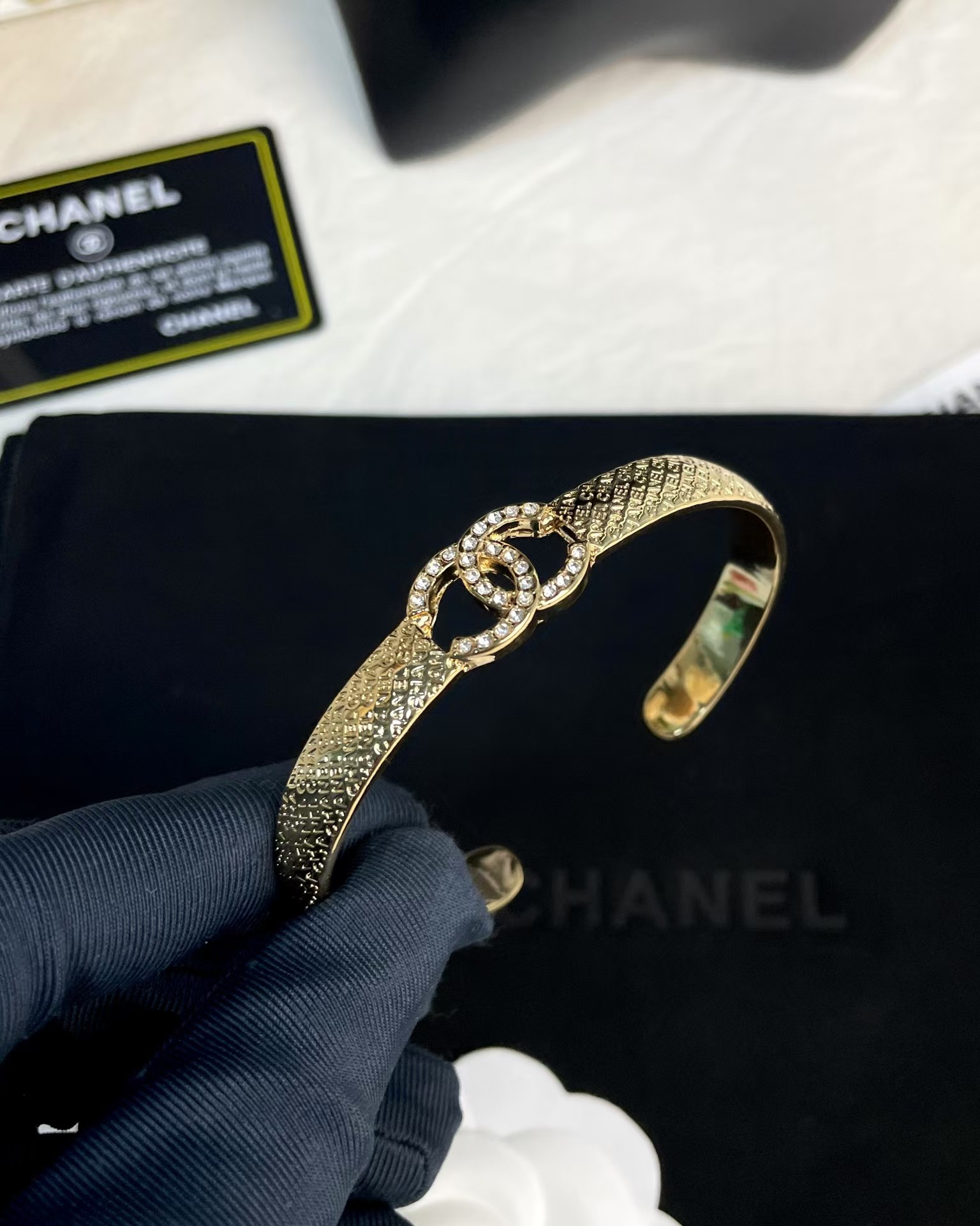 Chanel Hollow Diamond Paved Double C Open Bangle Bracelet - Best Replica Jewelry™