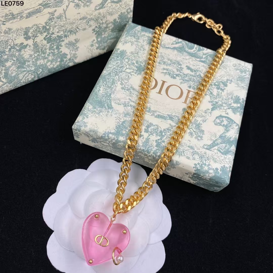 Dior Chunky Cuban Chain Big Pink Heart Pendant Necklace - Best Replica Jewelry™