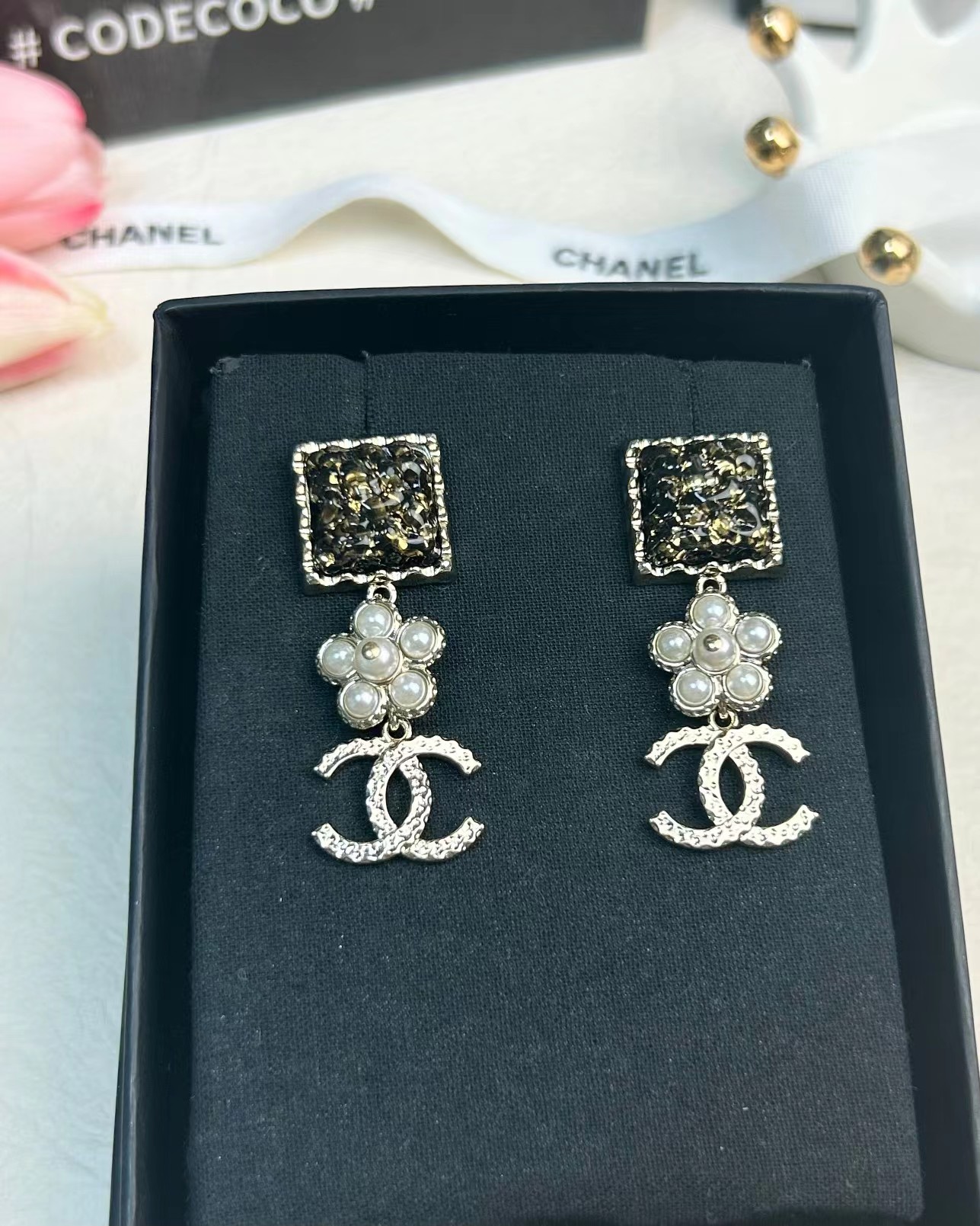 Chanel Pearl Flower Double C Dangle Earrings - Best Replica Jewelry™