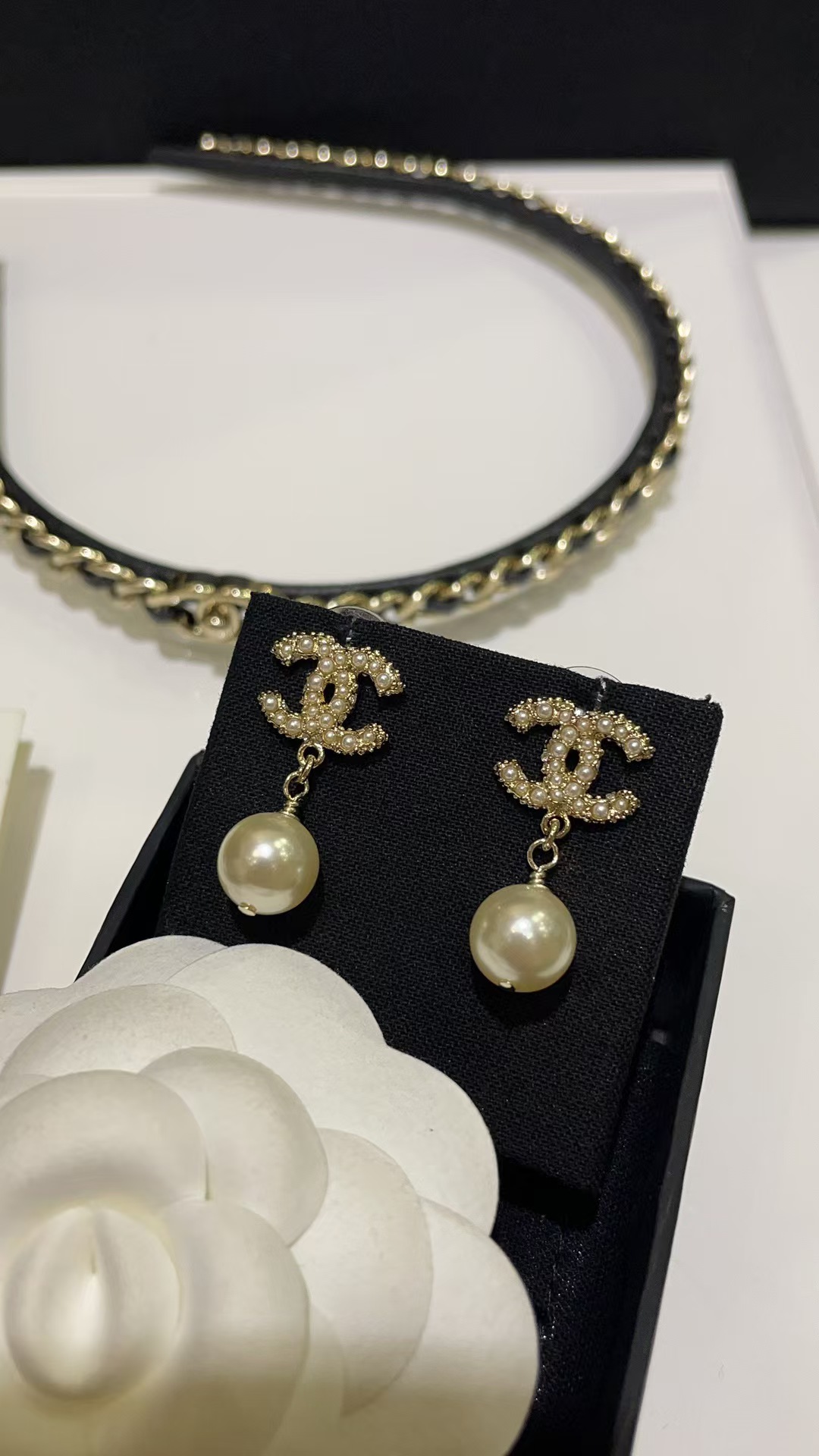 Chanel Double C with Pearl Drop Earrings - Best Replica Jewelry™