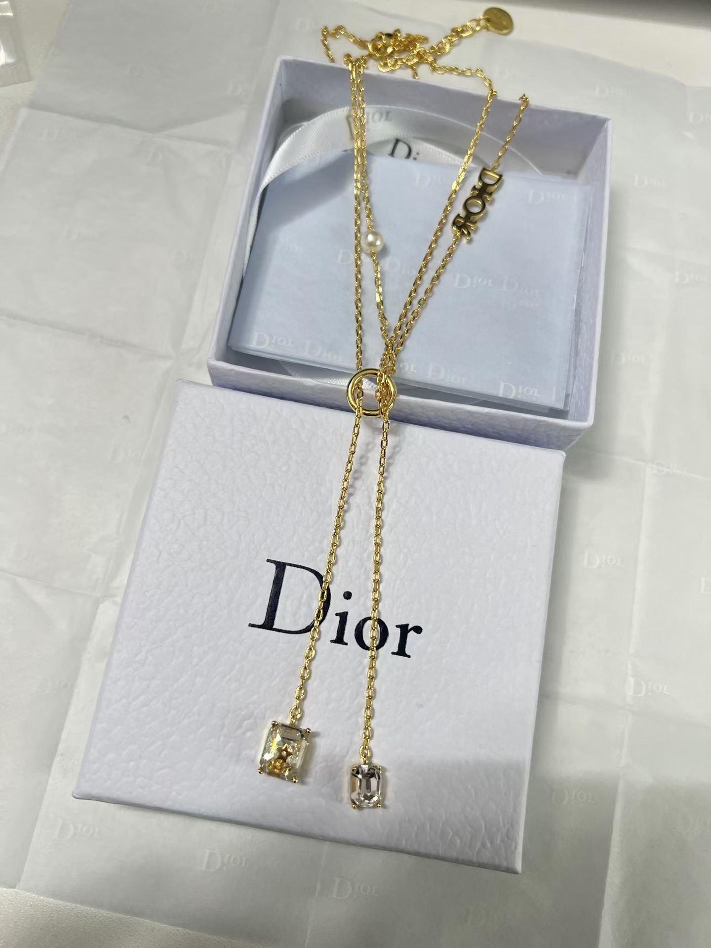Dior Two Layered Two String Diamond Pendant Drop Y Necklace - Best Replica Jewelry™
