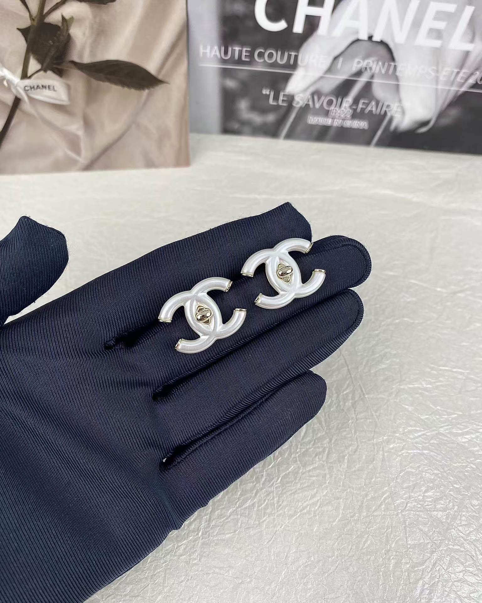 Chanel White Double C Stud Earrings - Best Replica Jewelry™