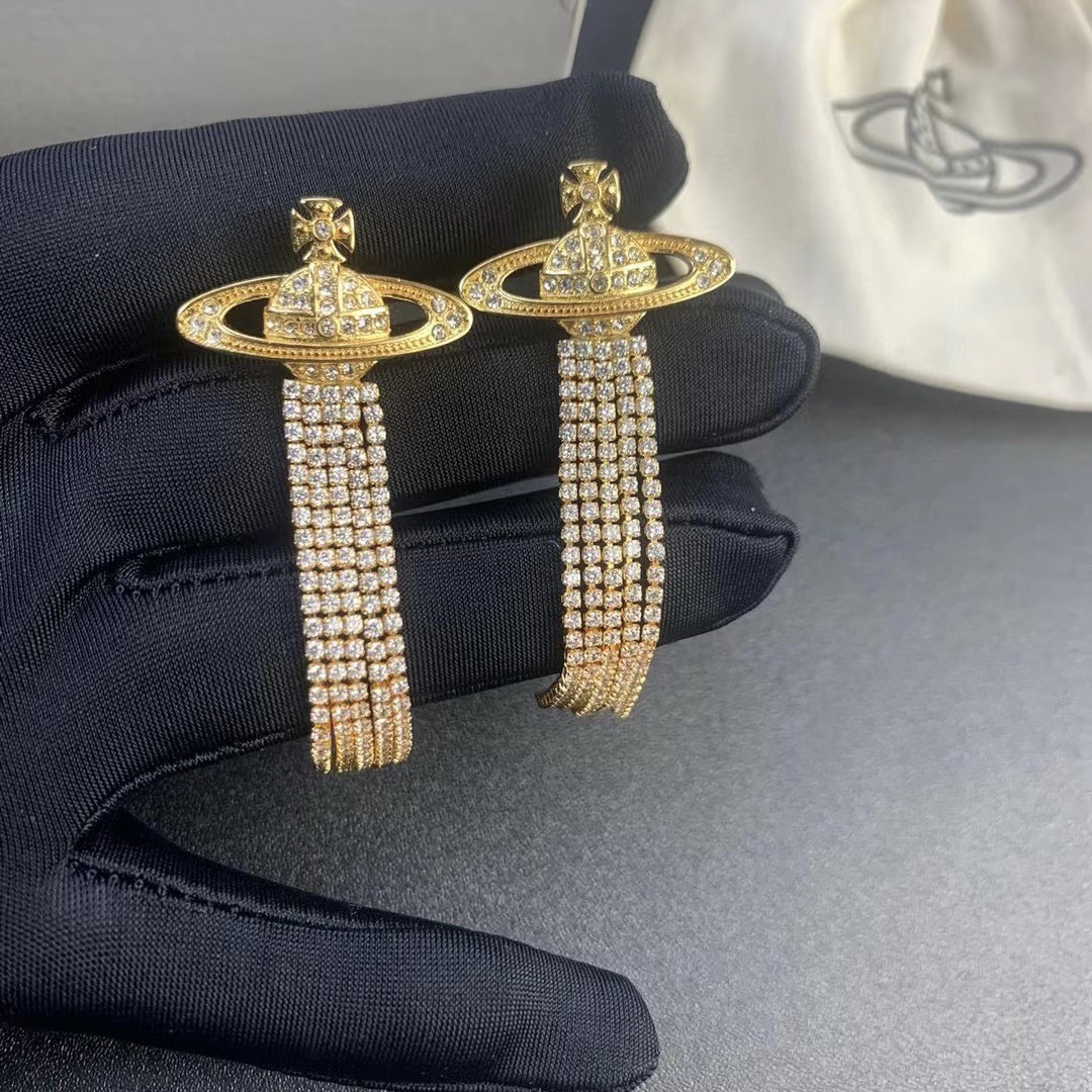 Vivienne Westwood Party Queen Rhinestone Tassel Saturn Earrings - Best Replica Jewelry™