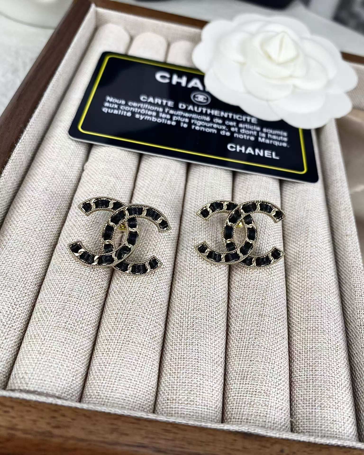 Chanel Light Gold & Black Leather Double C Earrings - Best Replica Jewelry™