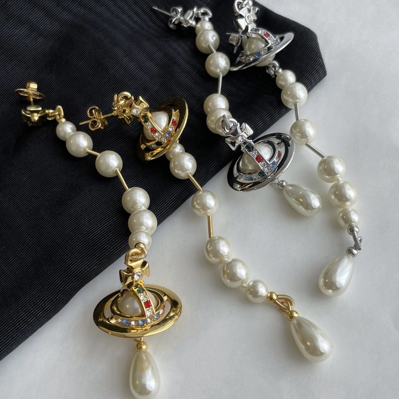 Vivienne Westwood Asymmetric Tassel Pearl Saturn Earrings - Best Replica Jewelry™