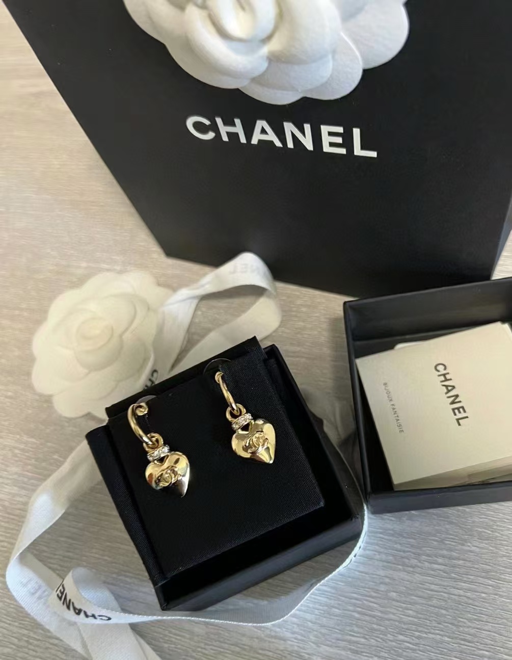 Chanel Gold Hoop with Heart Dangle Earrings - Best Replica Jewelry™