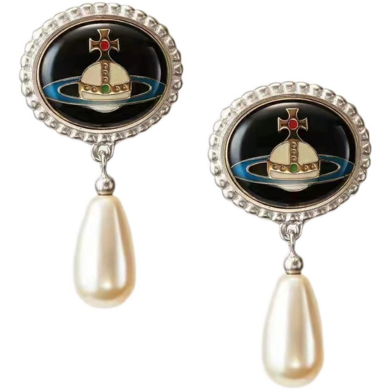 Vivienne Westwood Enamel Saturn Waterdrop Pearl Earrings - Best Replica Jewelry™