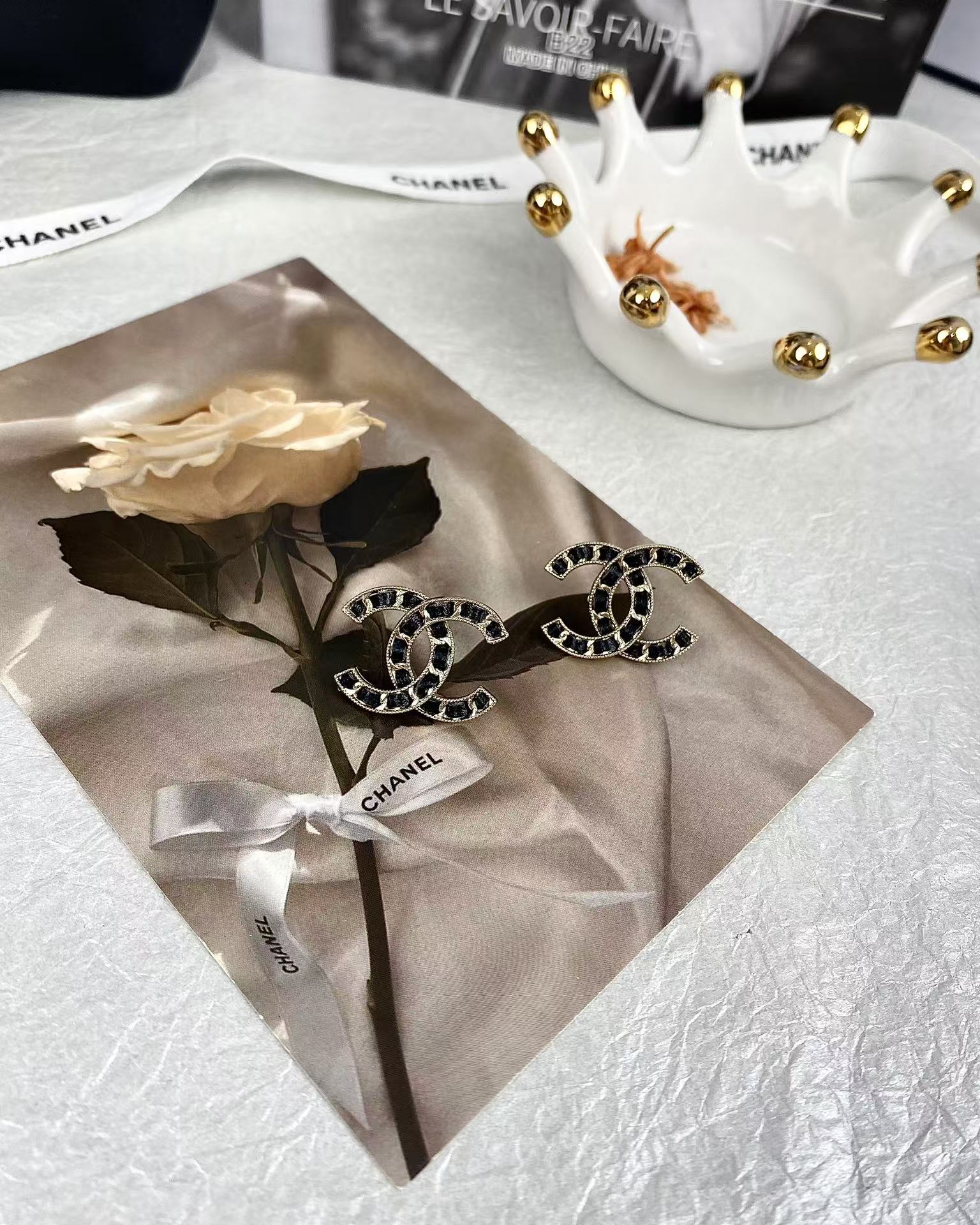 Chanel Light Gold & Black Leather Double C Earrings - Best Replica Jewelry™