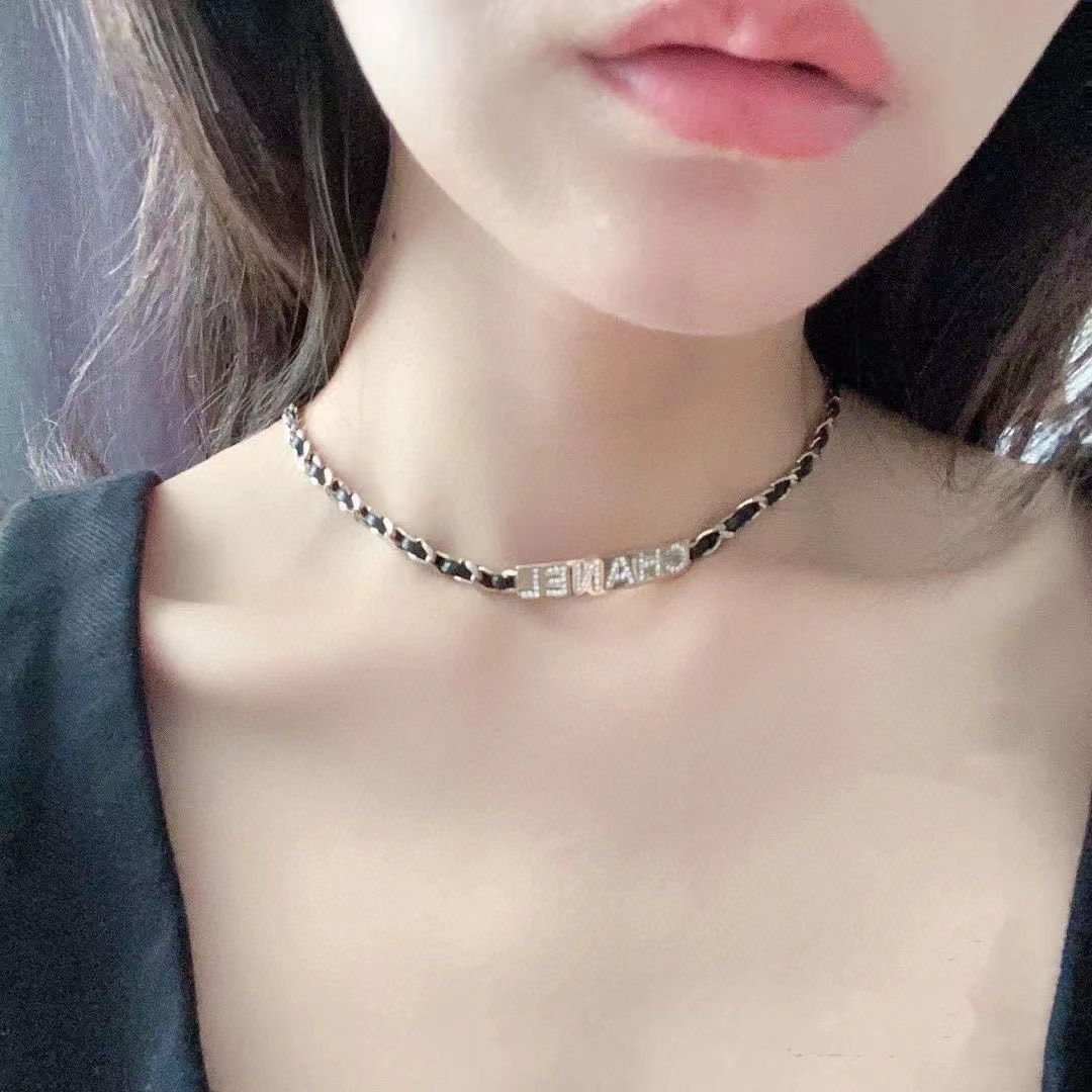 Chanel Leather Cuban Chain Choker Necklace - Best Replica Jewelry™