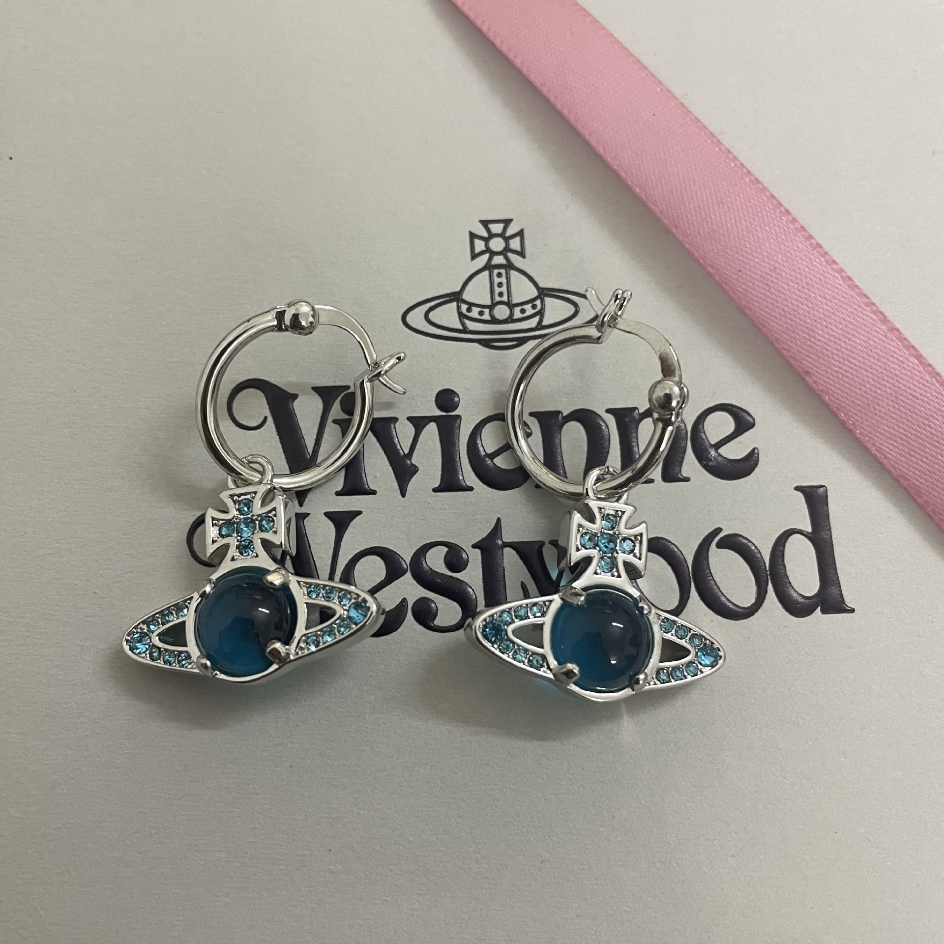 Vivienne Westwood Blue Green Lucky Bead Saturn Earrings - Best Replica Jewelry™