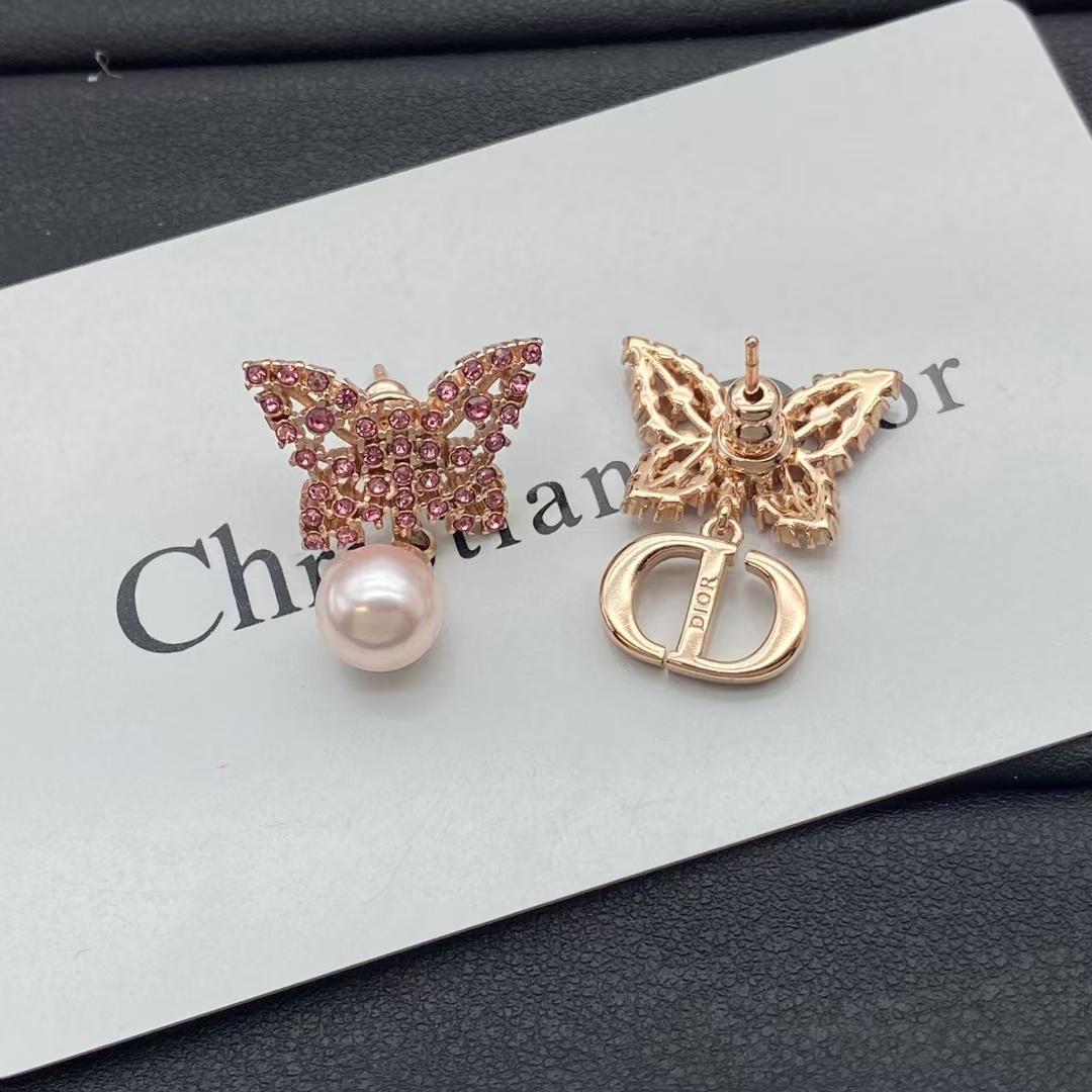 Dior Asymmetric Rose Gold-Finish Pink Butterfly Earrings - Best Replica Jewelry™